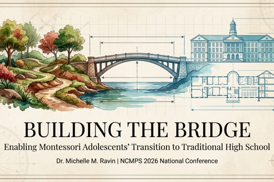 an illustration with a bridge between a forest with a path and a school building